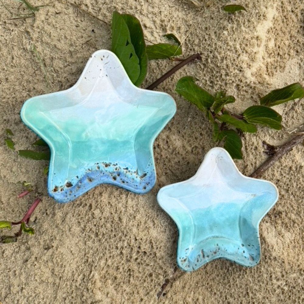 Two star-shaped blue ceramic dishes on sandy ground with green leaves.
